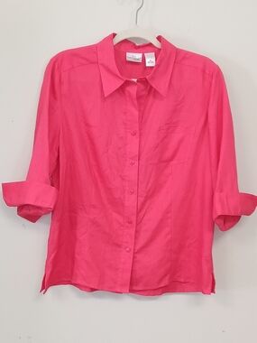 Kim Rogers Linen Coral Pink Cuff Sleeve Button down Top Coastal Beach Petite L